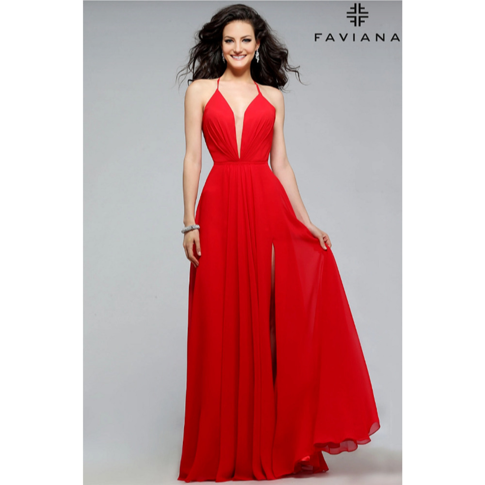 FAVIANA Women's Illusion Plunge Chiffon Gown Red Prom Maxi Dress V Neck Formal 0